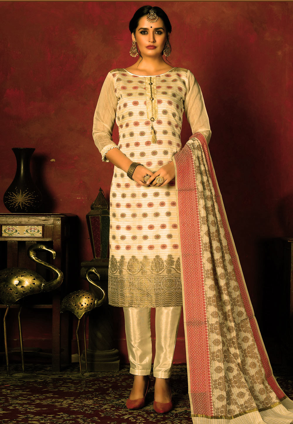 Cream Banarasi Silk Pant Style Suit 199879