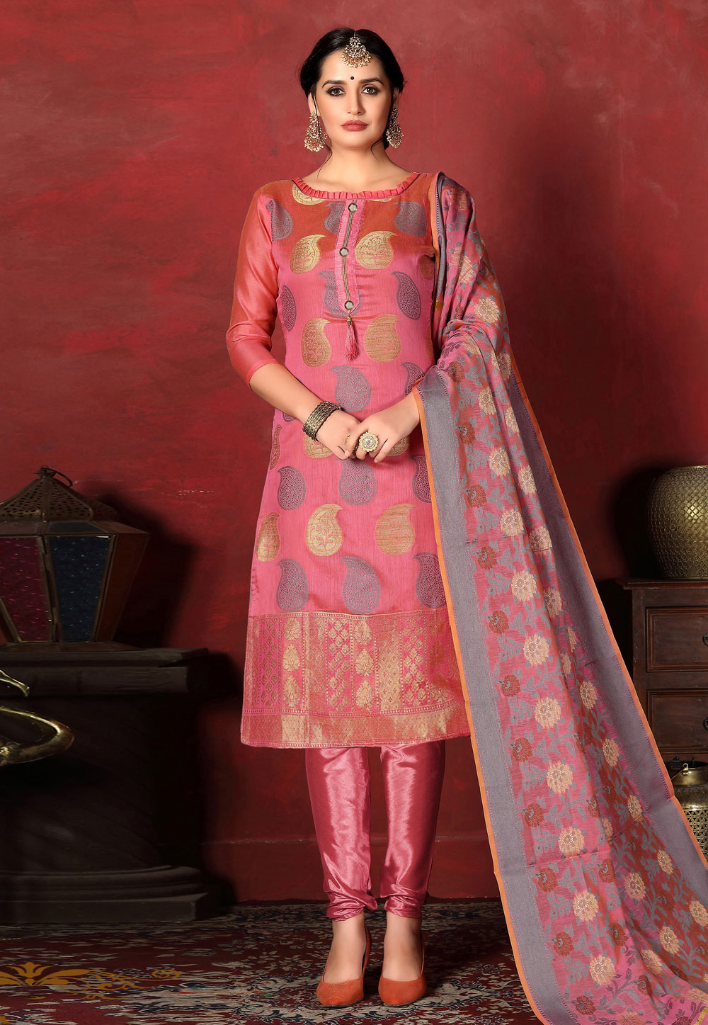 Pink Banarasi Silk Churidar Salwar Kameez 199881