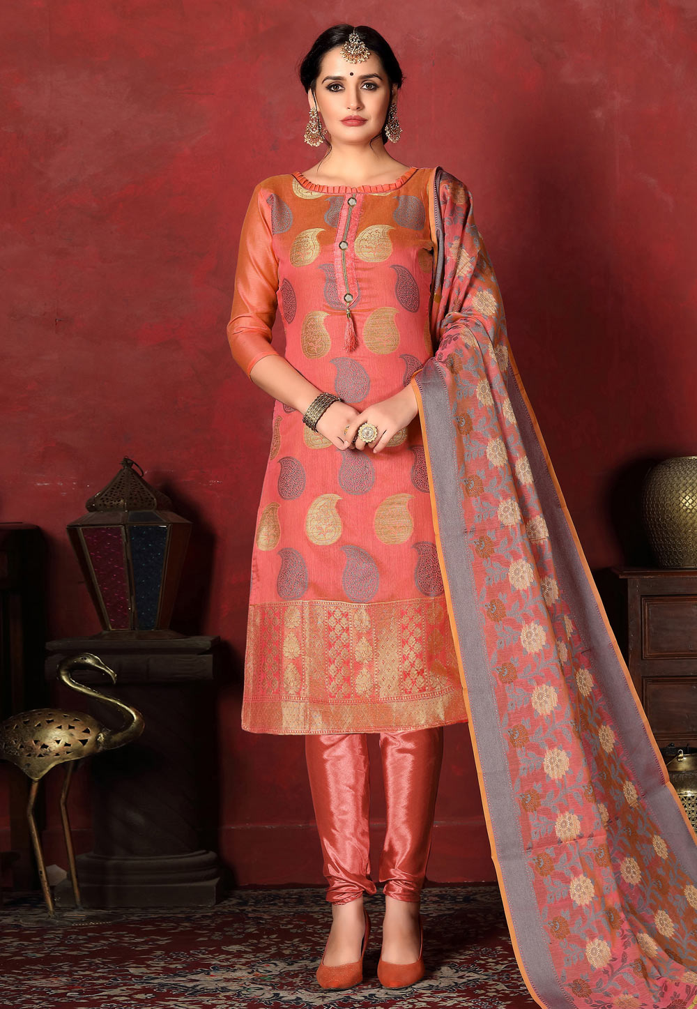 Orange Banarasi Silk Churidar Suit 199882
