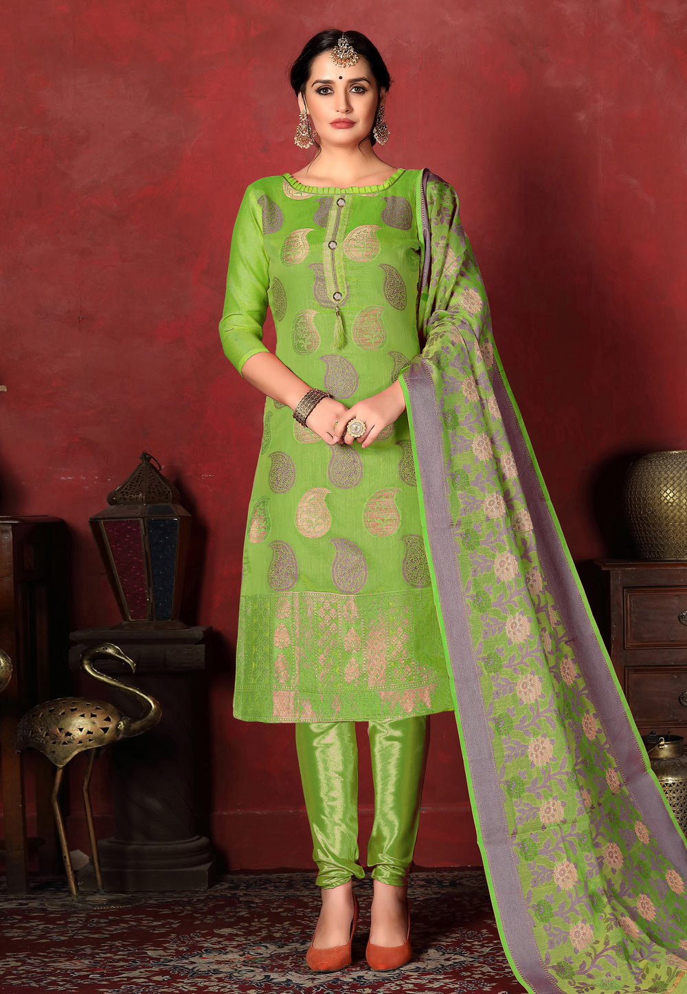 Green Banarasi Silk Churidar Suit 199884