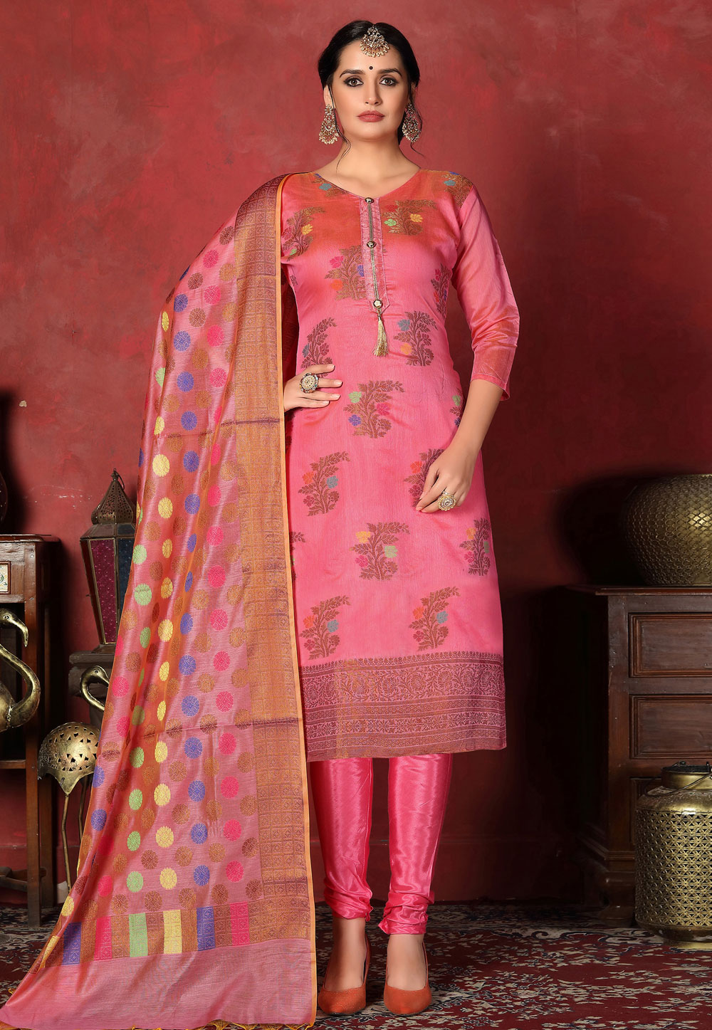 Pink Banarasi Silk Churidar Suit 200084