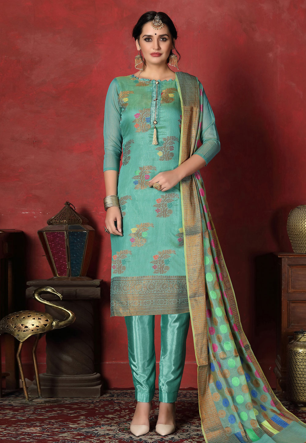 Aqua Banarasi Silk Pant Style Suit 200085