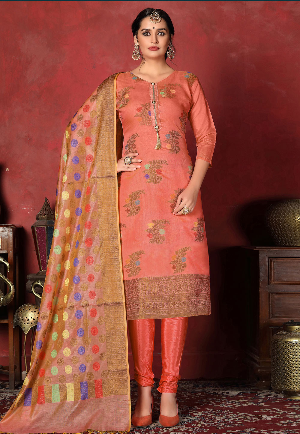 Orange Banarasi Silk Churidar Suit 200086