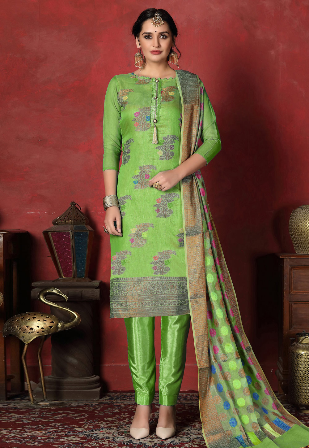 Green Banarasi Silk Pant Style Suit 200087