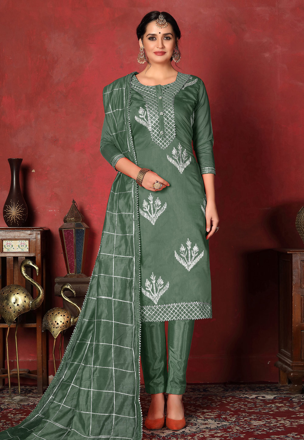 Olive Green Cotton Kameez With Pant 200089