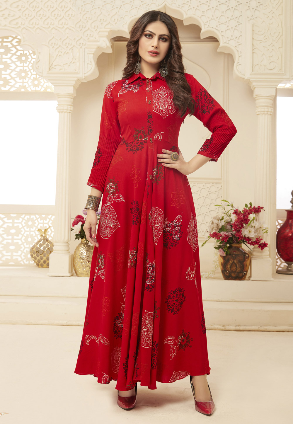 Red Rayon Readymade Printed Gown 200130