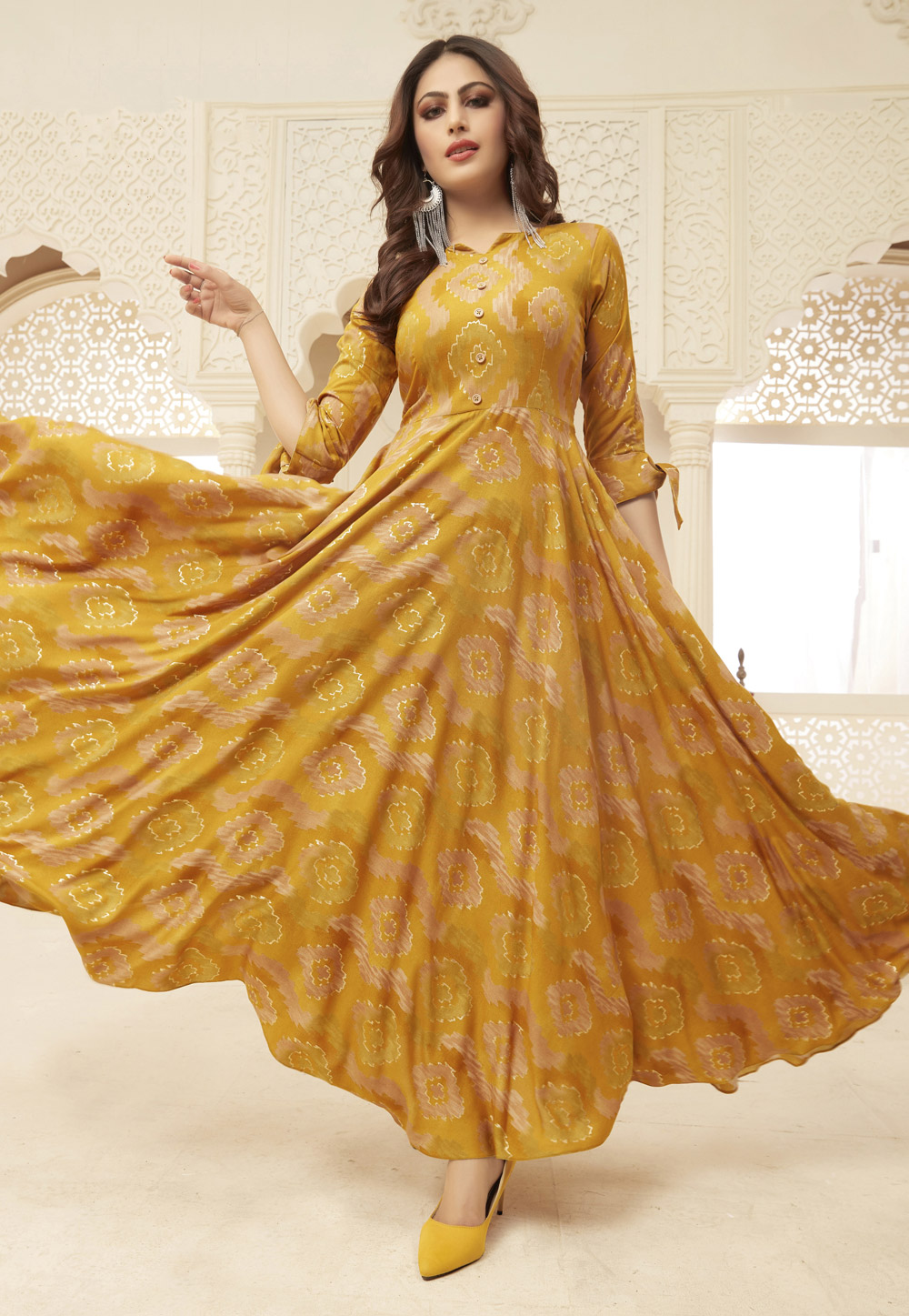 Mustard Rayon Readymade Printed Gown 200131