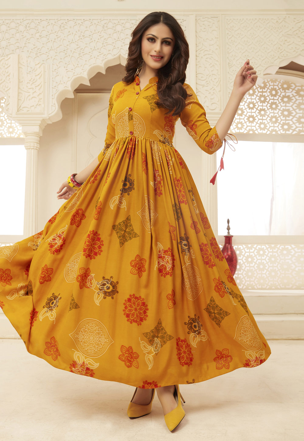 Mustard Rayon Readymade Printed Gown 200133