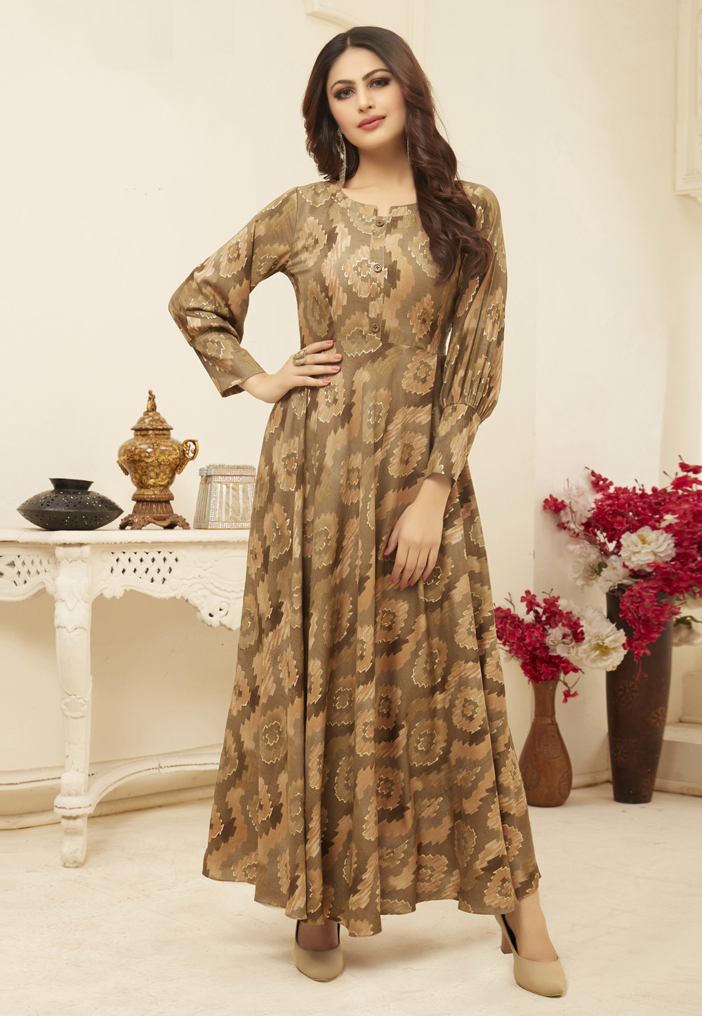 Brown Rayon Readymade Printed Gown 200134