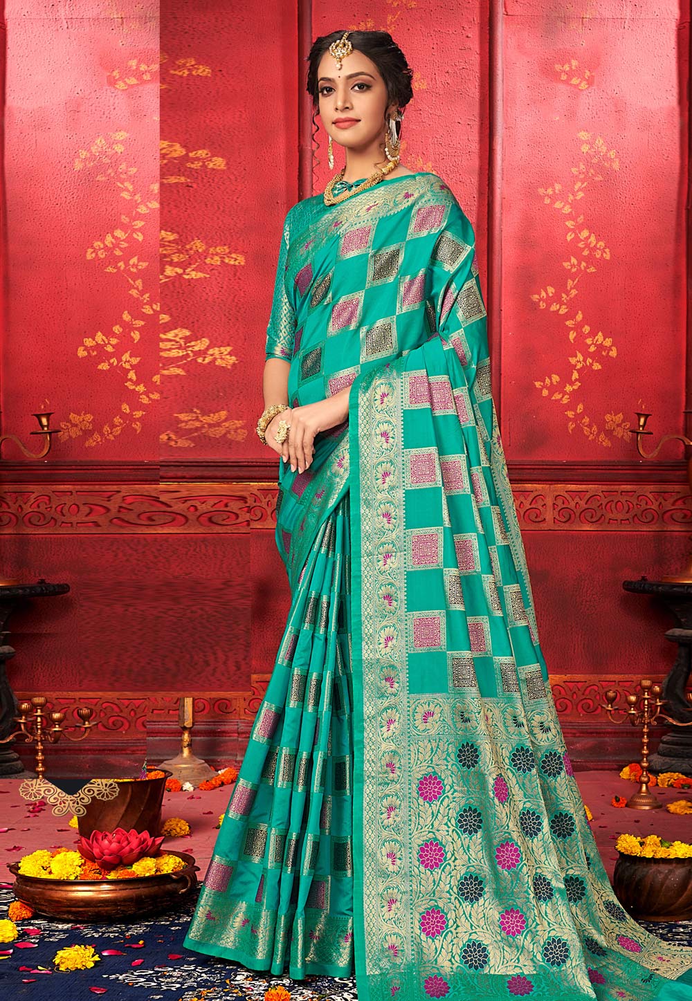 Turquoise Banarasi Silk Festival Wear Saree 200619