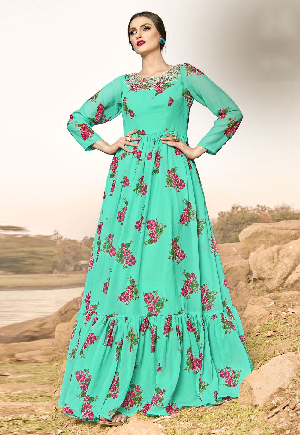 Turquoise Georgette Readymade Gown 201986