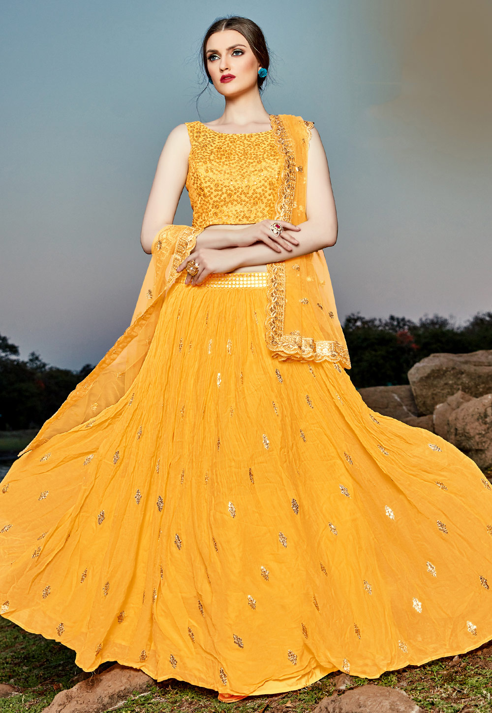 Yellow Georgette Readymade Circular Lehenga Choli 201996