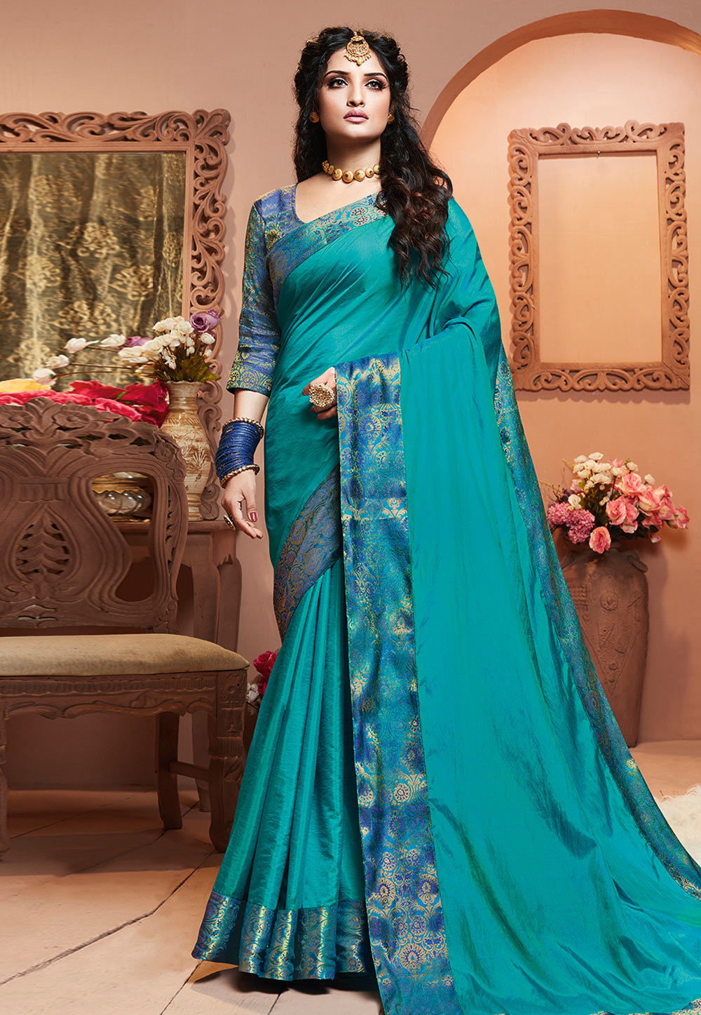 Turquoise Satin Silk Festival Wear Saree 203229