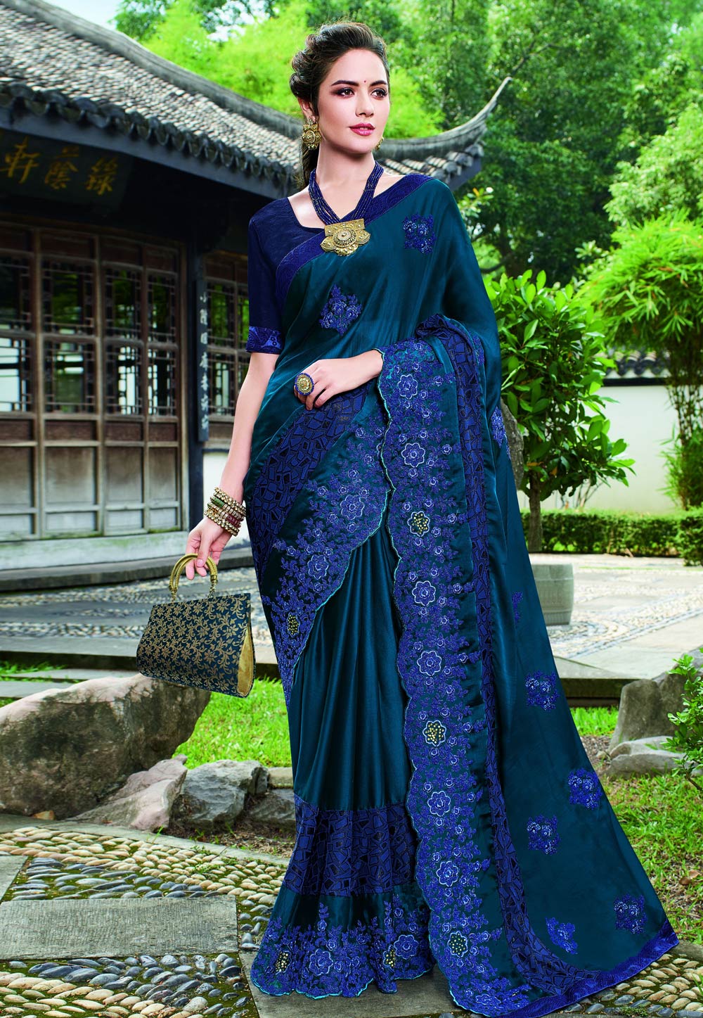 Blue Satin Silk Saree With Blouse 203609
