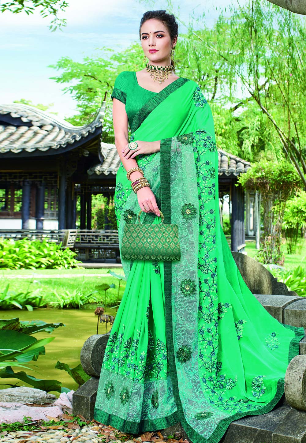 Green Chinon Saree With Blouse 203613