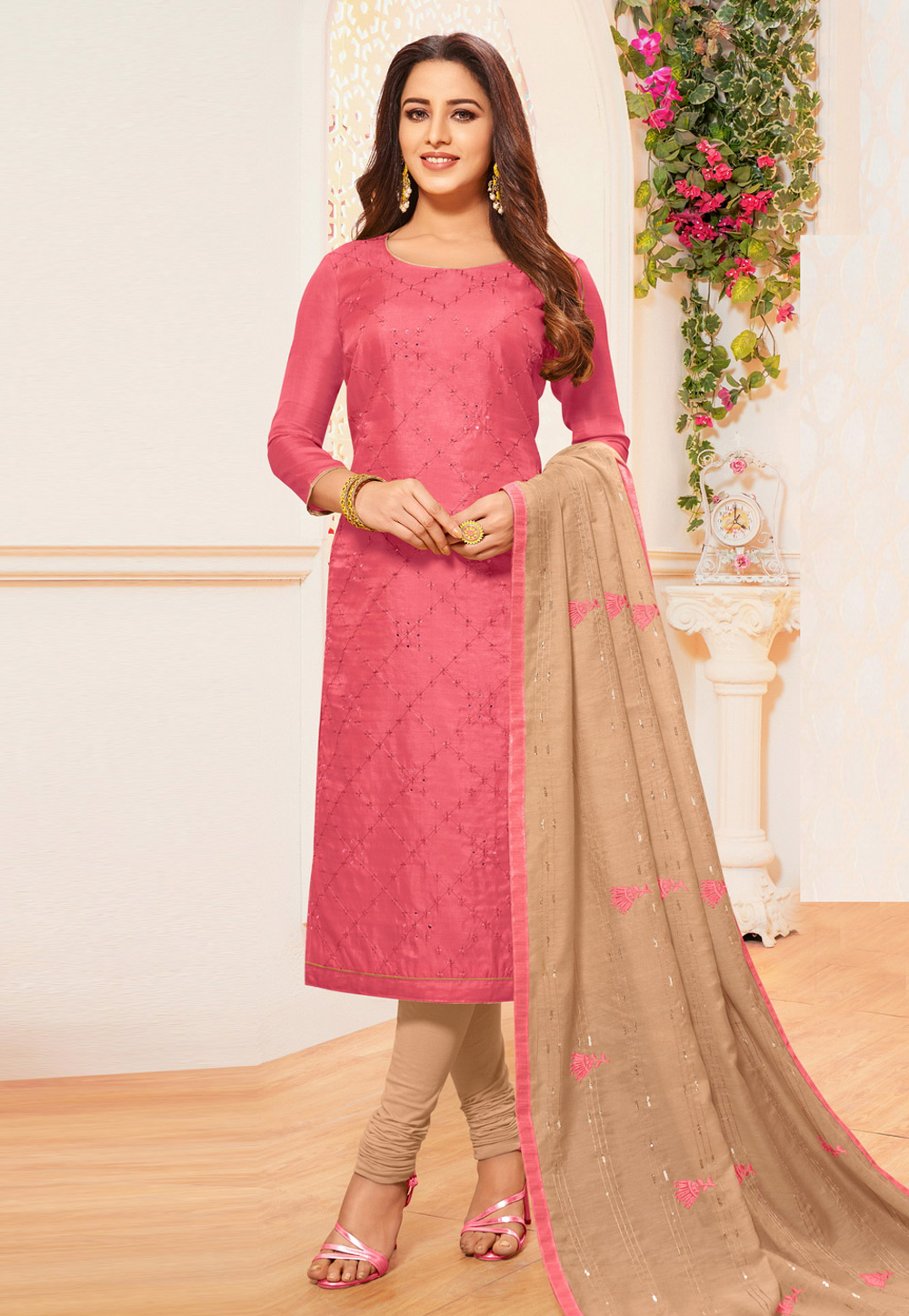 Pink Silk Churidar Suit 204093