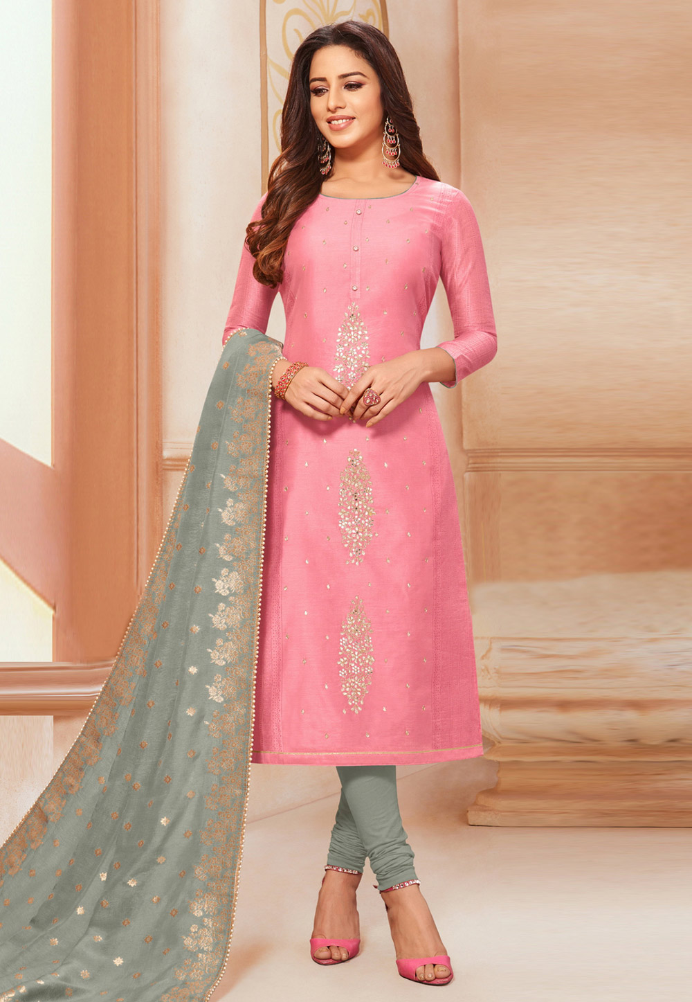 Pink Silk Churidar Salwar Kameez 204082