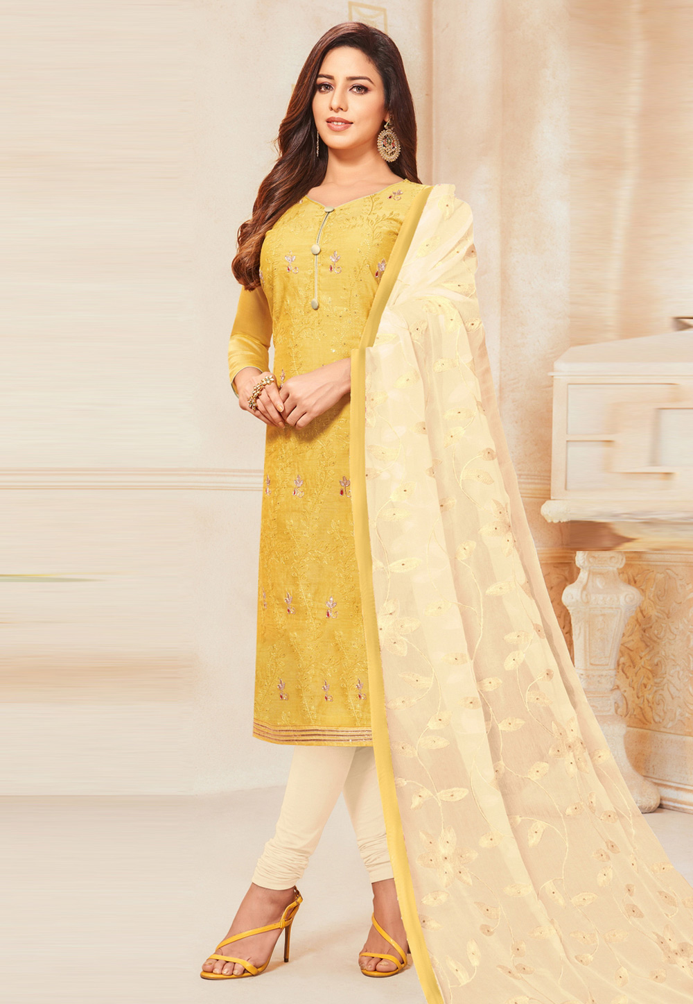 Yellow Silk Churidar Salwar Kameez 204086