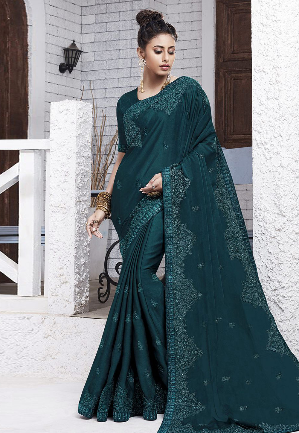 Teal Blue Chiffon Saree With Blouse 204558