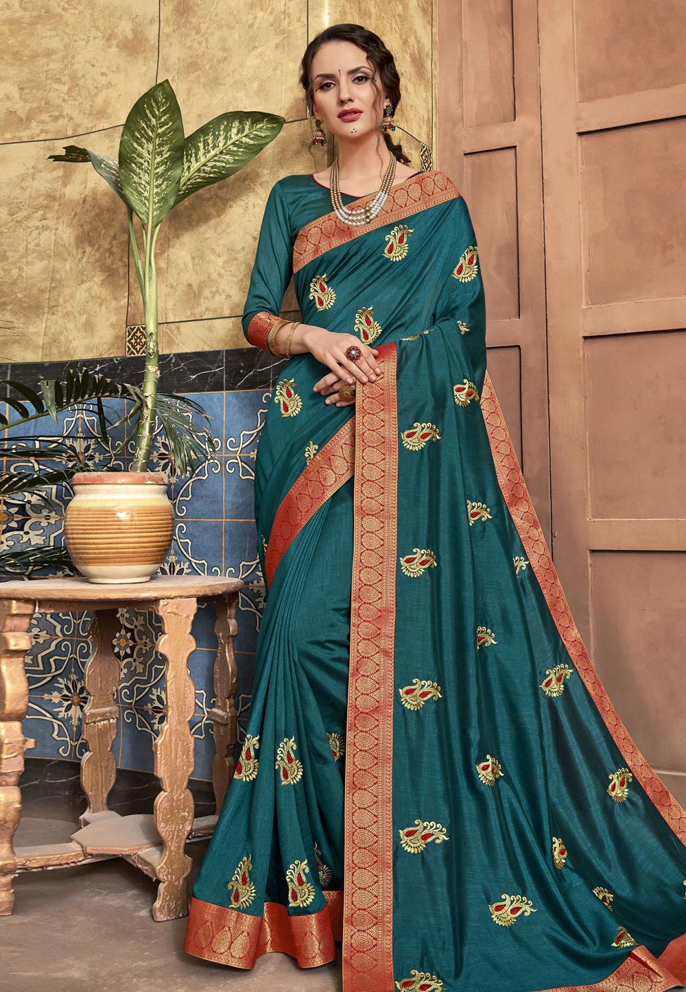 Teal Silk Festival Wear Saree 205389