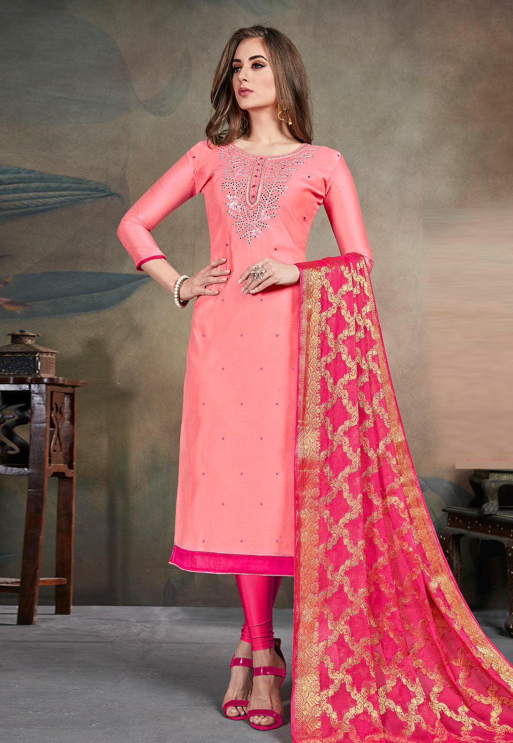 Pink Silk Churidar Suit 205867