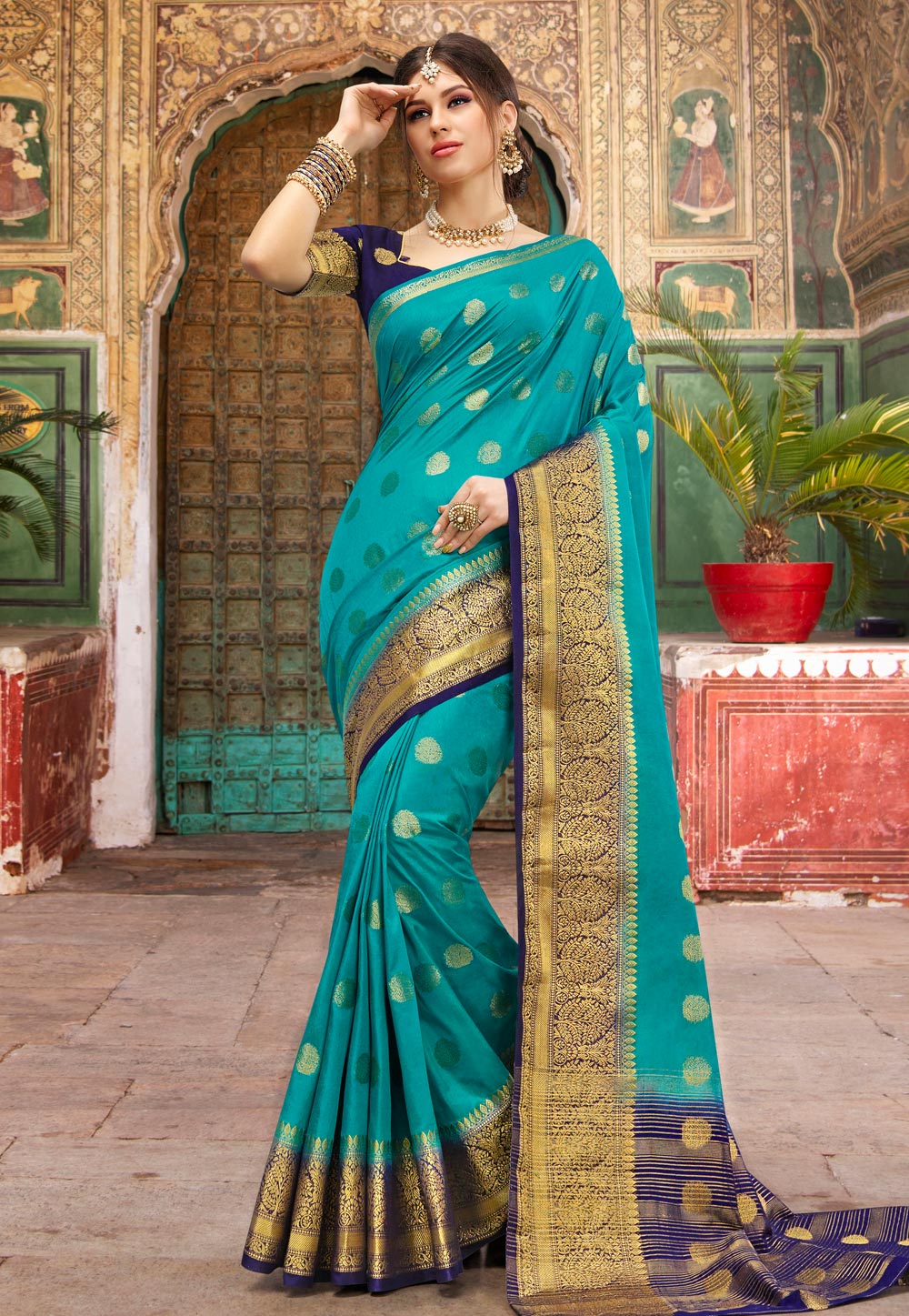 Turquoise Silk Saree With Blouse 205934