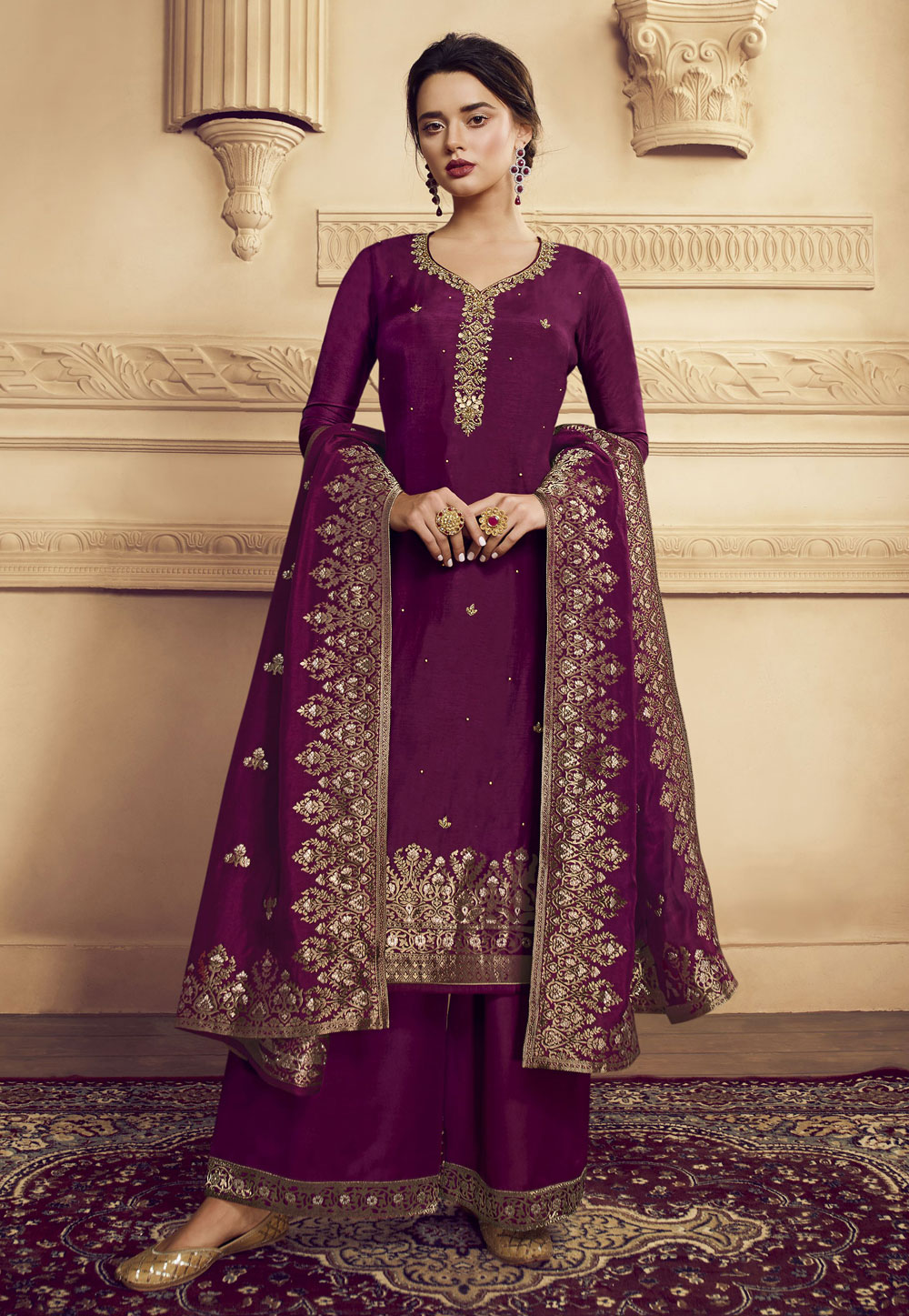 Purple Satin Silk Palazzo Suit 206521