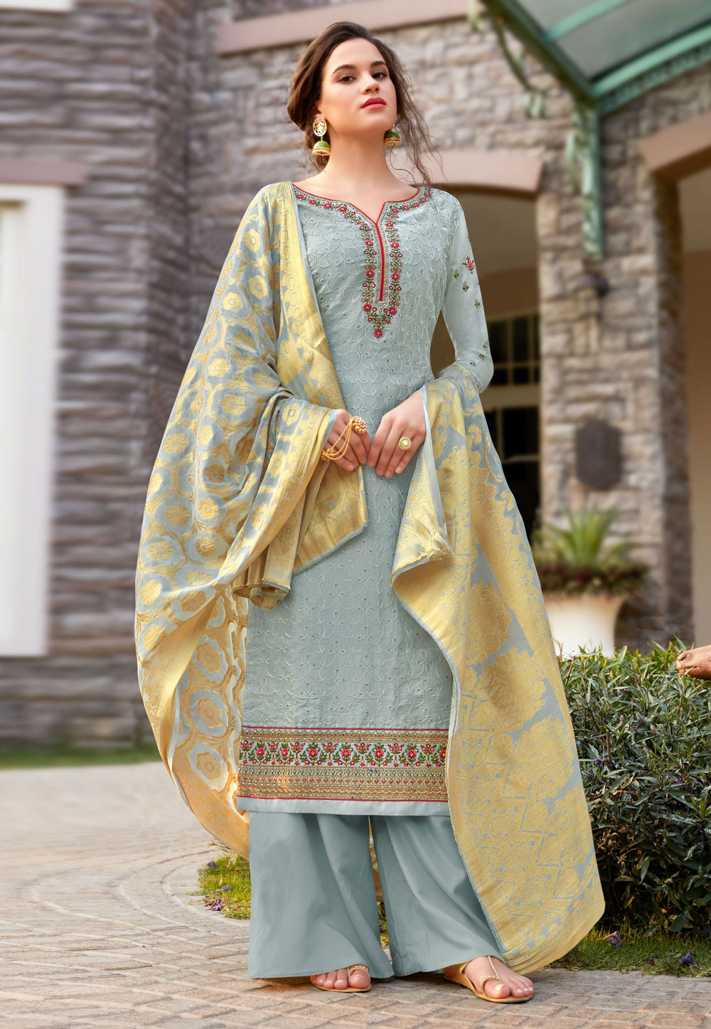 Steel Blue Tussar Kameez With Palazzo 206982