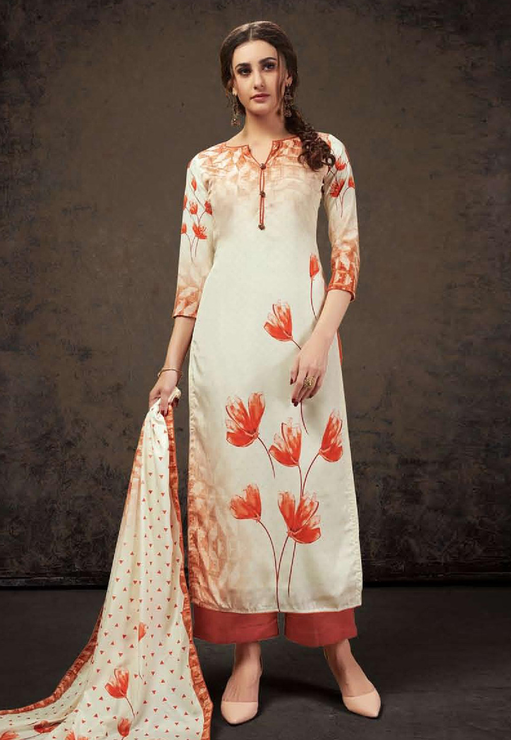 Off White Crepe Silk Printed Palazzo Suit 207041