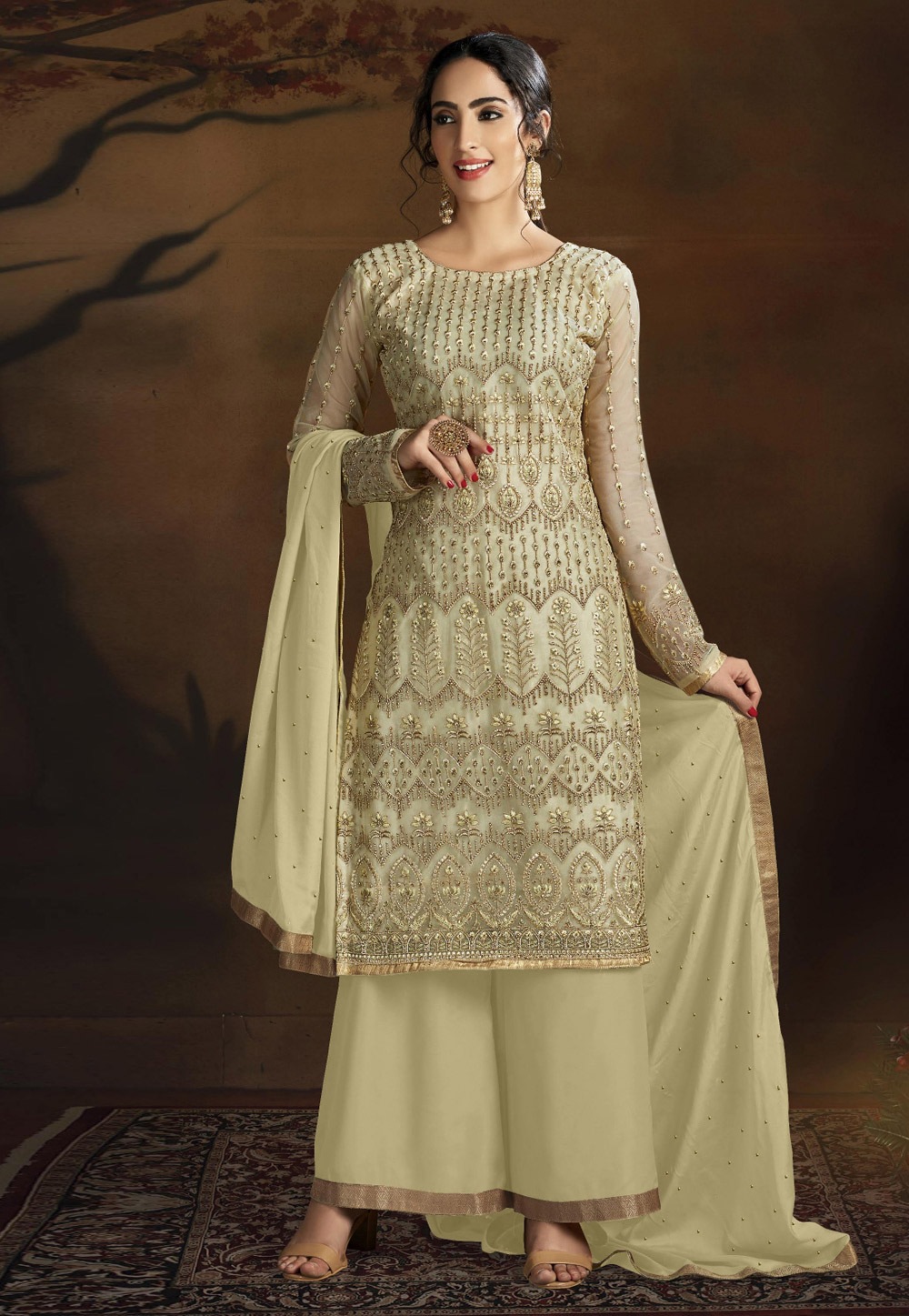 Shaded Green Net Palazzo Suit 207263