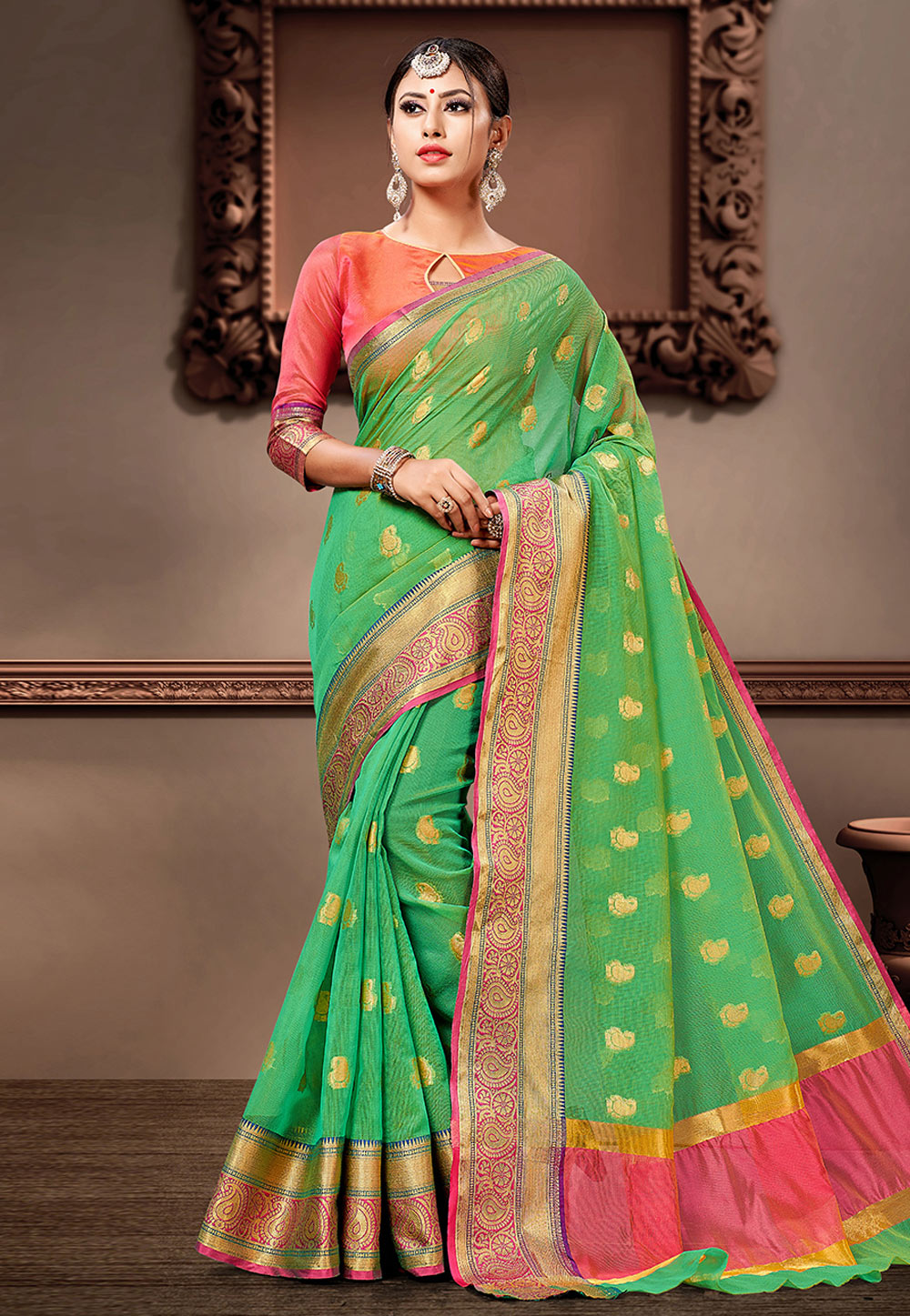 Green Cotton Silk Festival Wear Saree 207406
