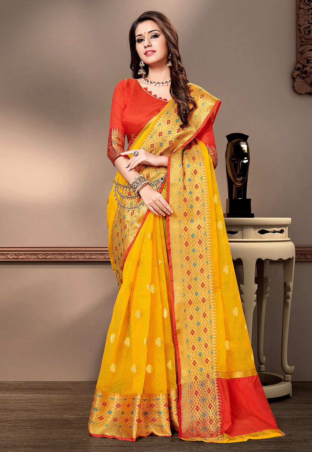 Yellow Cotton Silk Saree With Blouse 207407