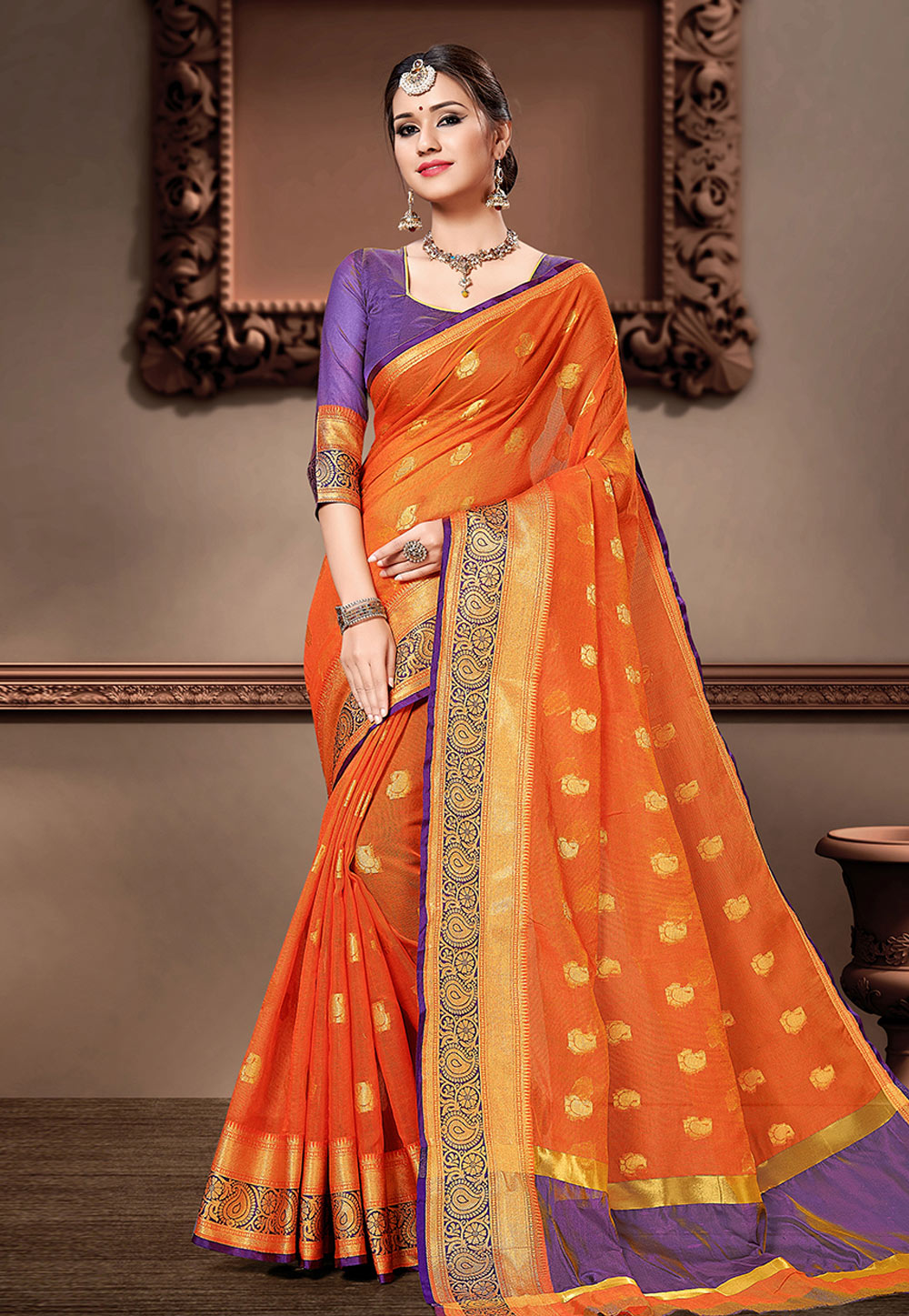 Orange Cotton Silk Saree With Blouse 207409