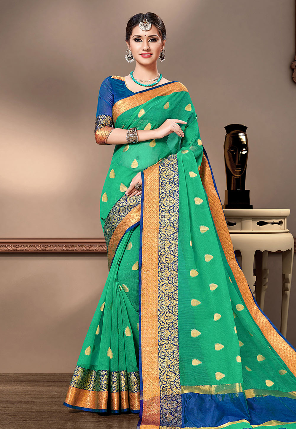 Green Cotton Silk Saree With Blouse 207411