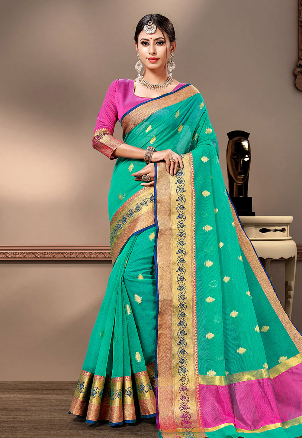 Turquoise Cotton Silk Saree With Blouse 207415