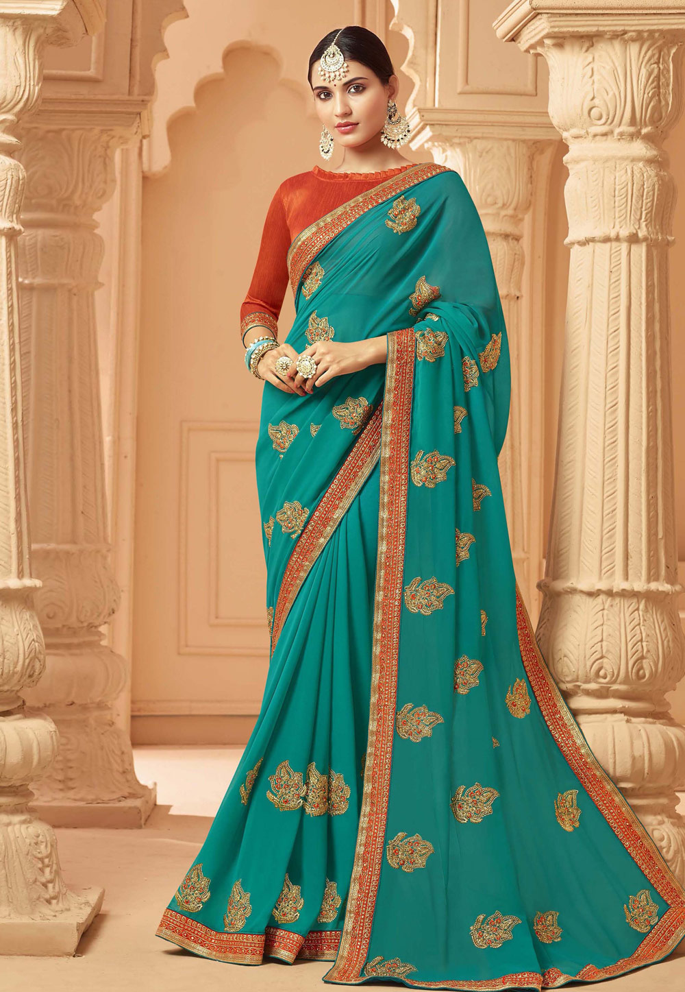 Turquoise Georgette Saree With Blouse 207669