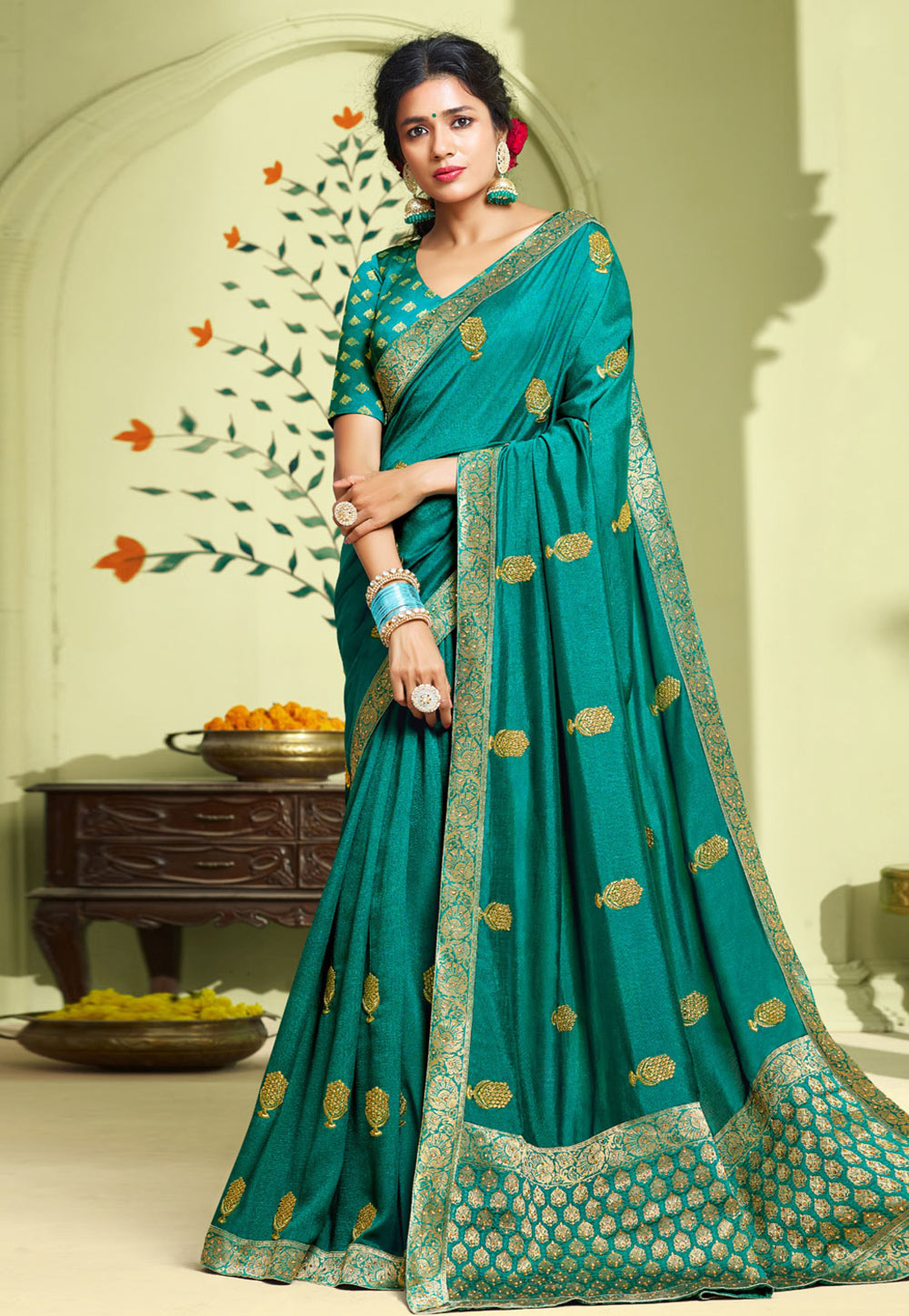 Turquoise Art Silk Saree With Blouse 207686