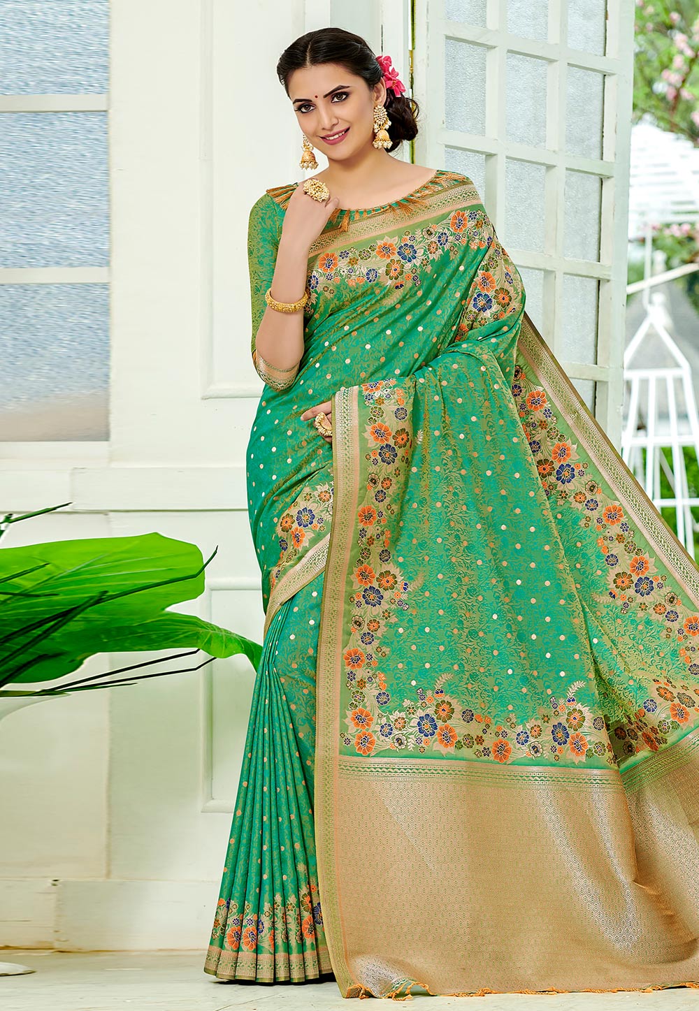 Green Banarasi Silk Saree With Blouse 209340