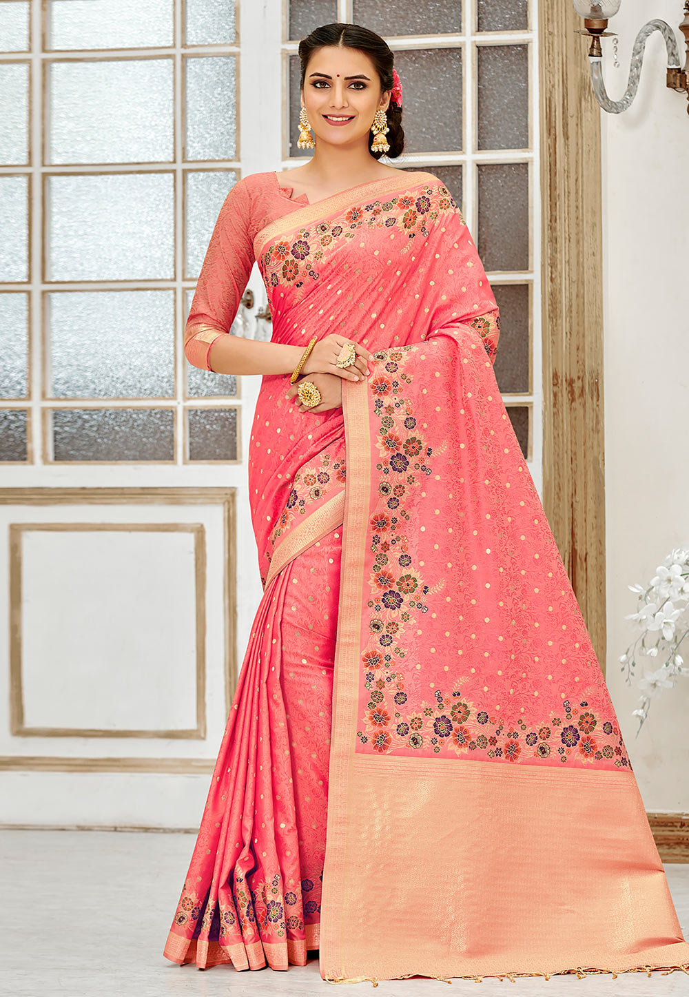 Light Pink Banarasi Silk Saree With Blouse 209344