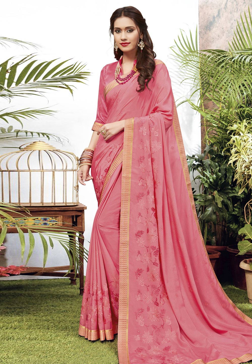 Pink Chiffon Silk Saree With Blouse 210574