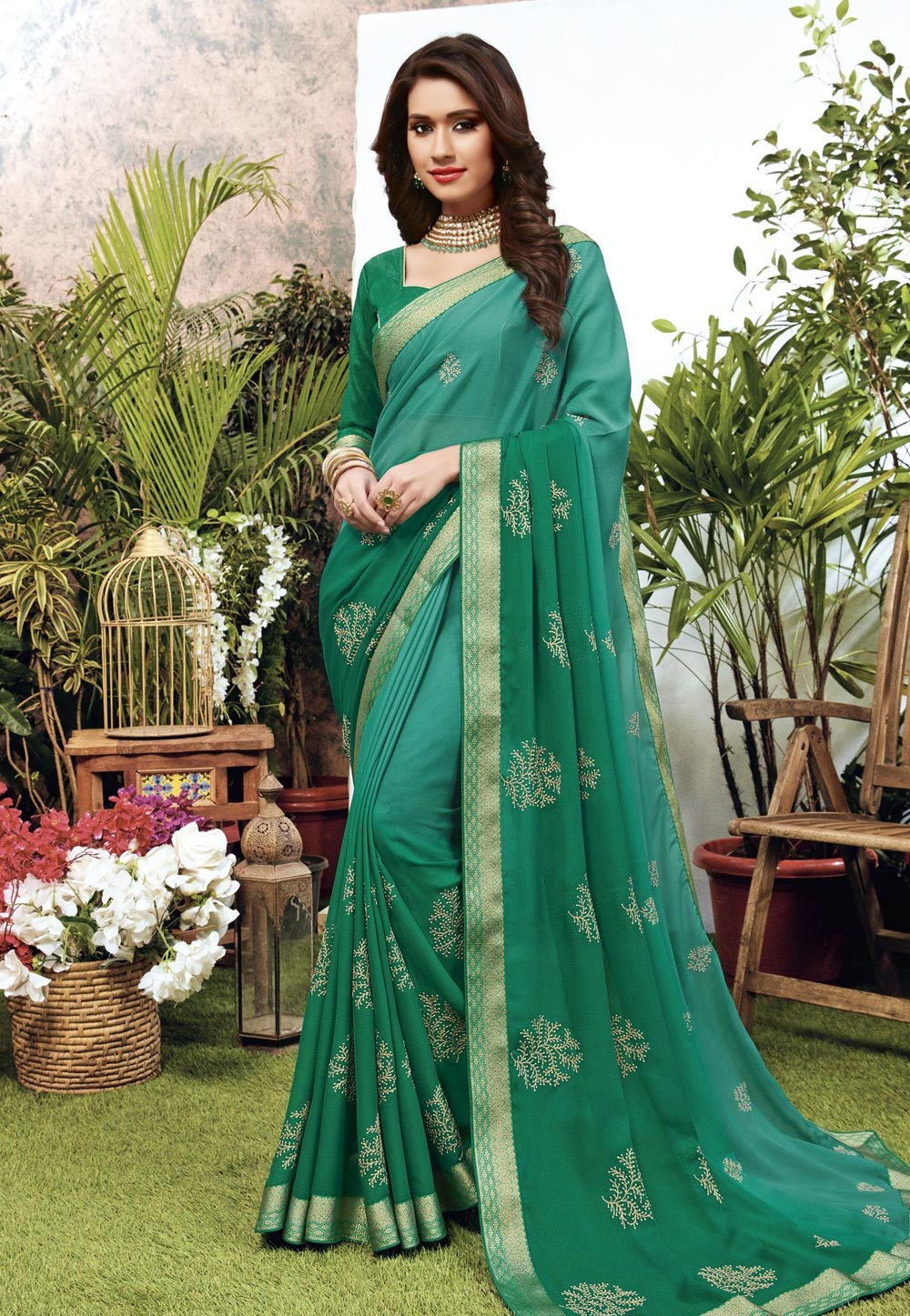 Turquoise Chiffon Saree With Blouse 210578
