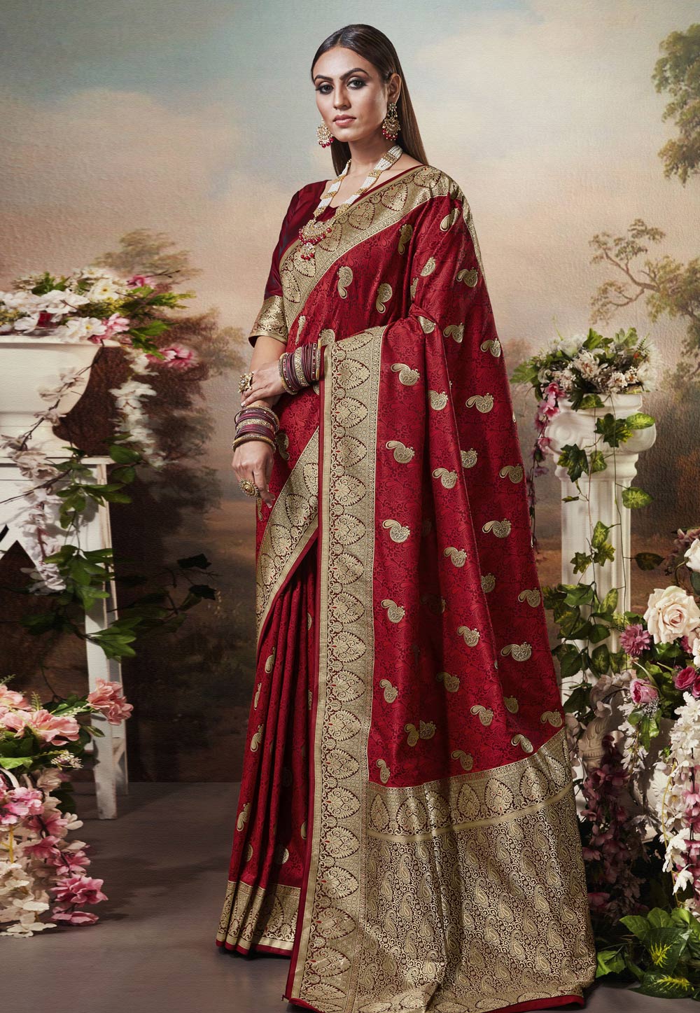 Red Banarasi Silk Saree With Blouse 210680