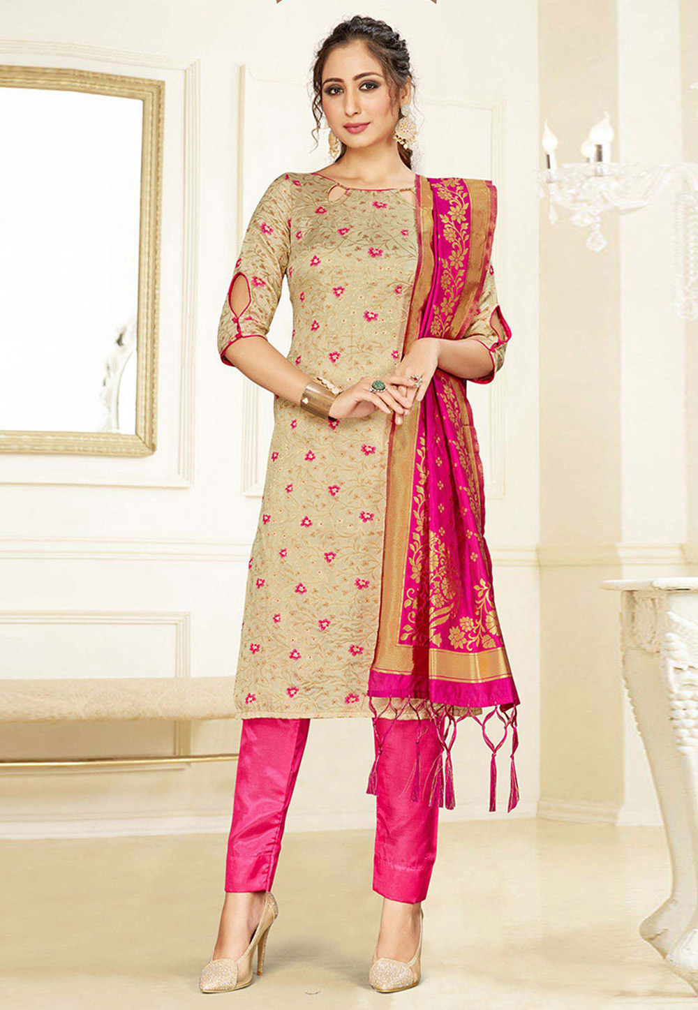 Beige Banarasi Pant Style Suit 211572
