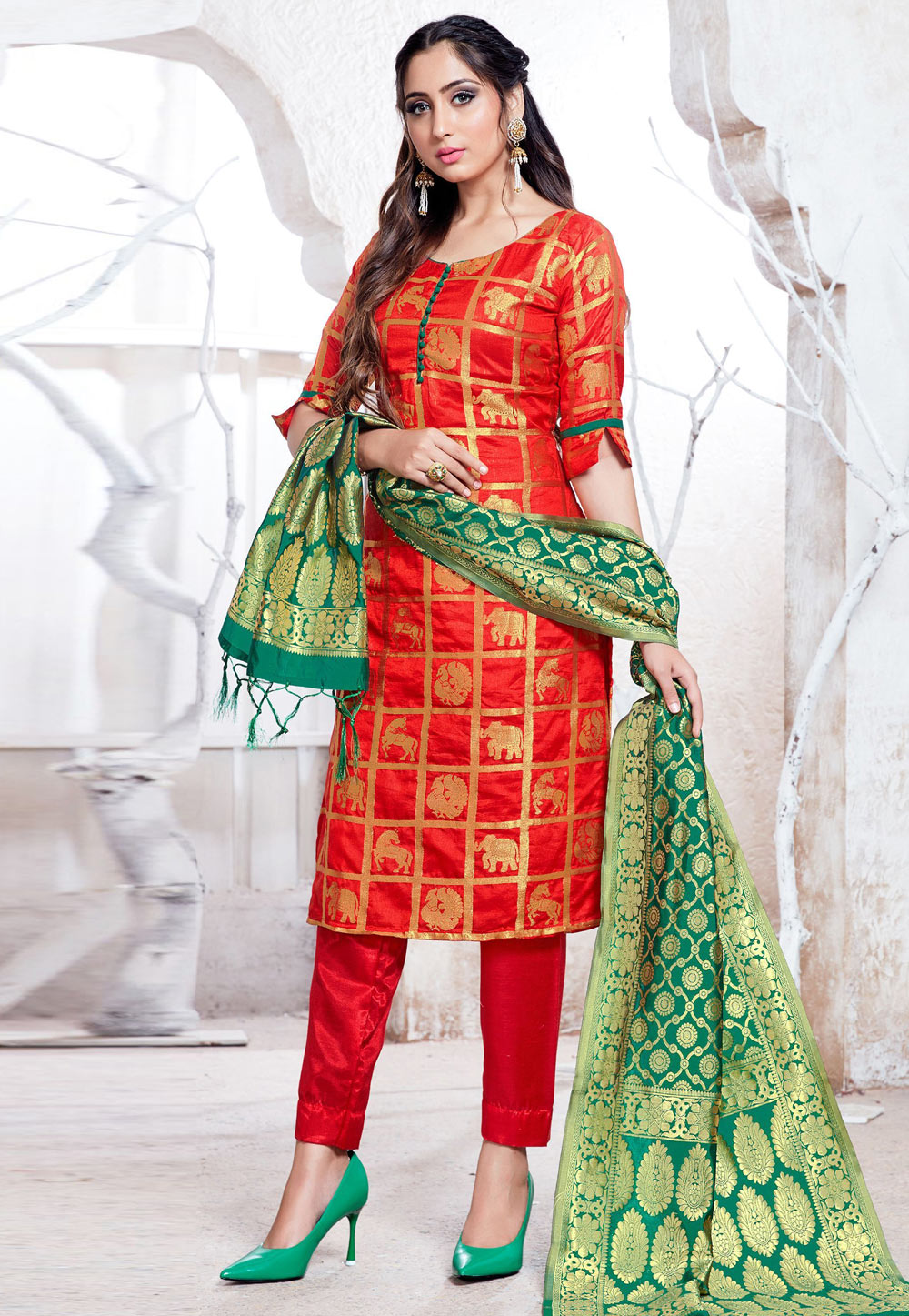 Red Banarasi Pant Style Suit 211714