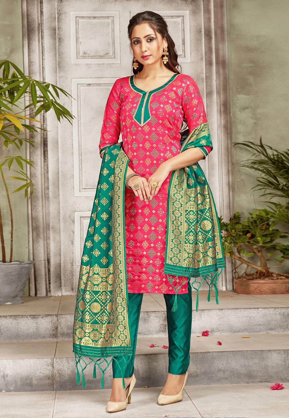 Pink Banarasi Pant Style Suit 211700