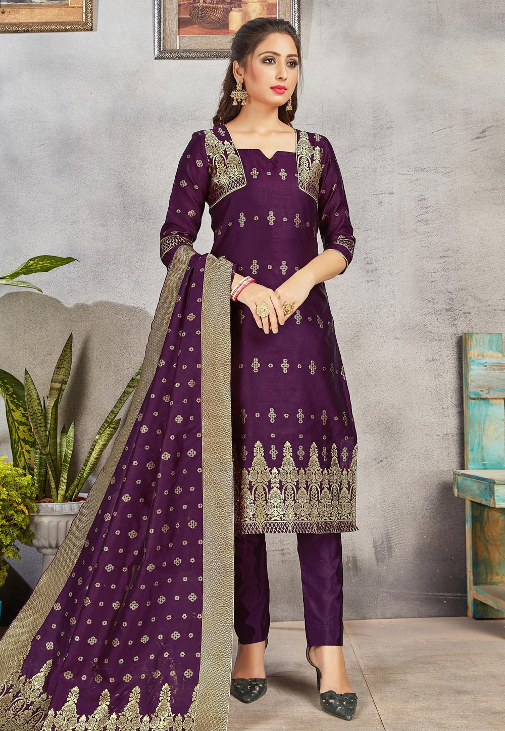 Purple Banarasi Pant Style Suit 211708