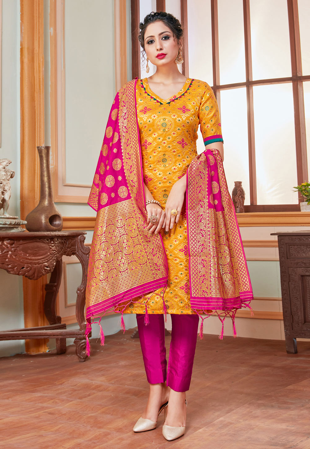 Yellow Banarasi Pant Style Suit 211883