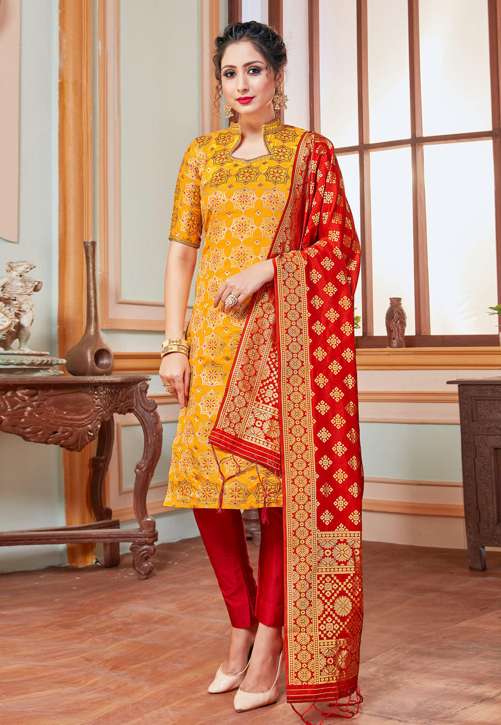 Yellow Banarasi Pant Style Suit 211885