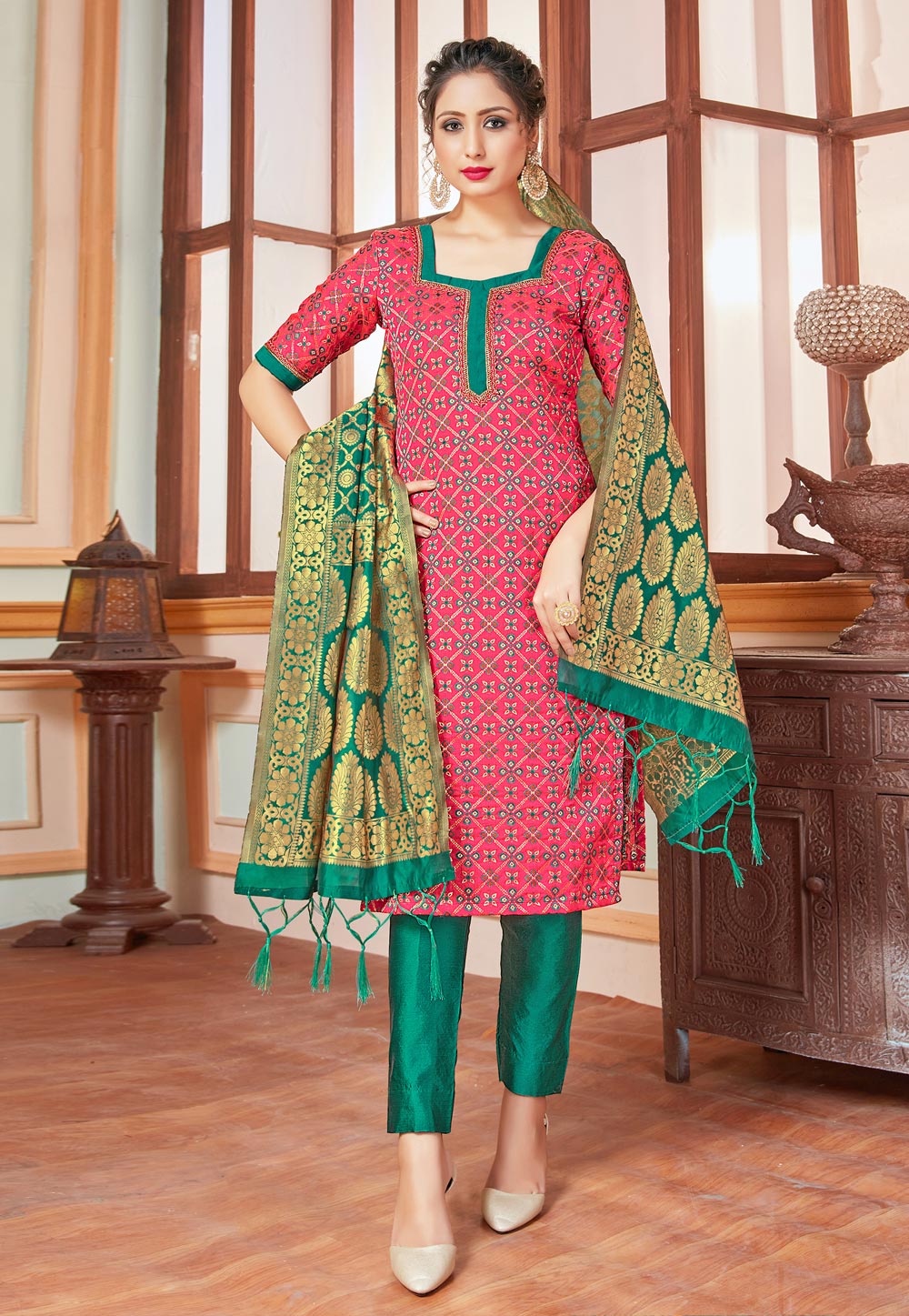 Pink Banarasi Pant Style Suit 211890