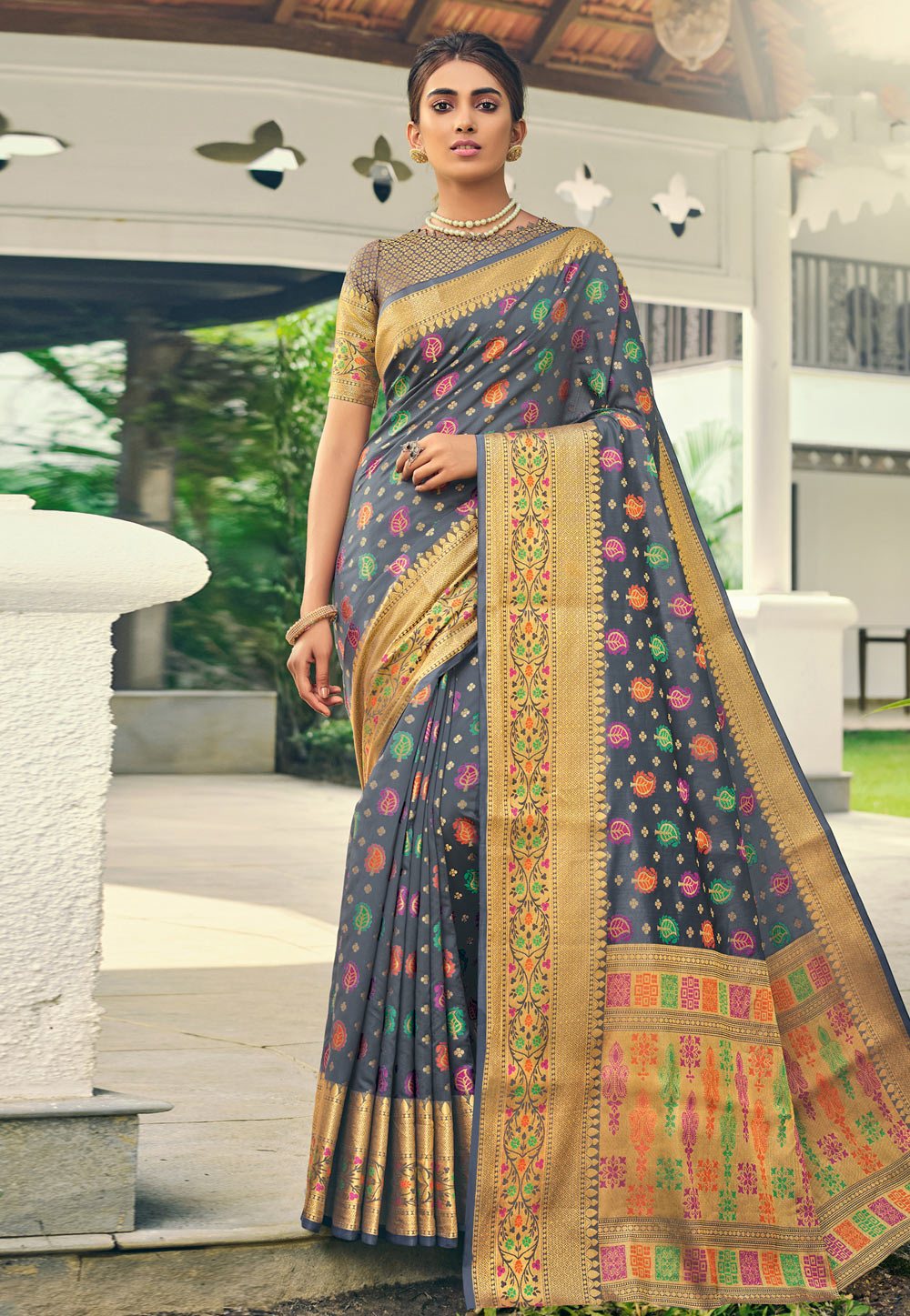 Grey Banarasi Silk Festival Wear Saree 212552